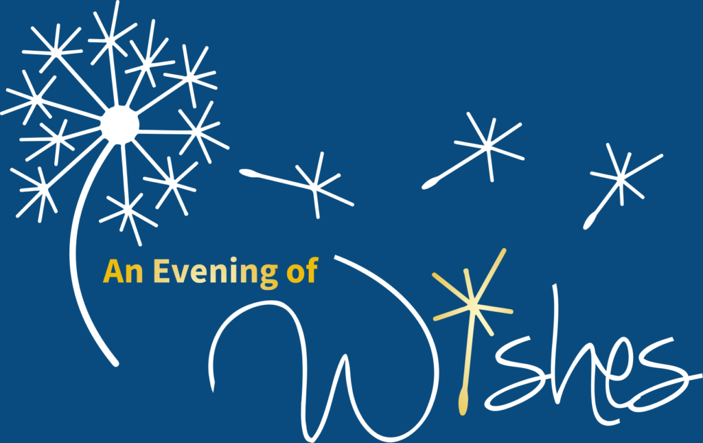 An Evening of Wishes text with illustration of dandelion with seeds blowing off