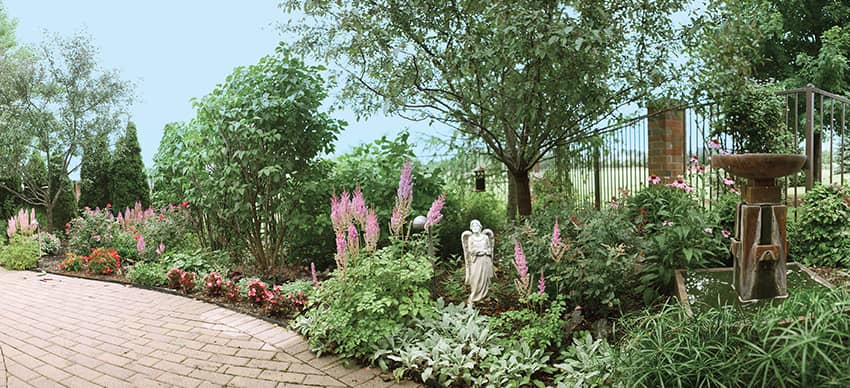 A brick path and garden with several different types of plants and flowers.