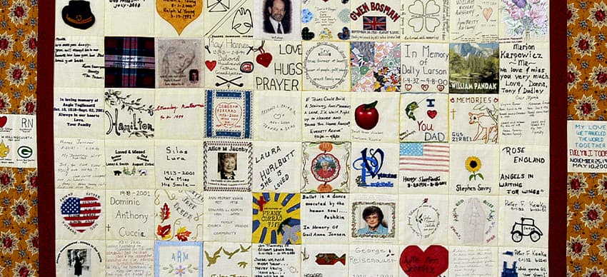 Large quilt with each square a different dedication or well wishes to hospice patients