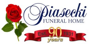 Piasecki Funeral Home logo with ribbon underneath that says 90 years Established 1931