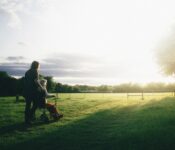 Empathy - Woman on a walk with elderly woman in wheelchair through grass field